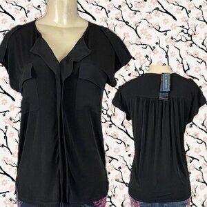 Jones New York Signature S Black Flap Detail V-Neck Pockets Short Sleeve Blouse